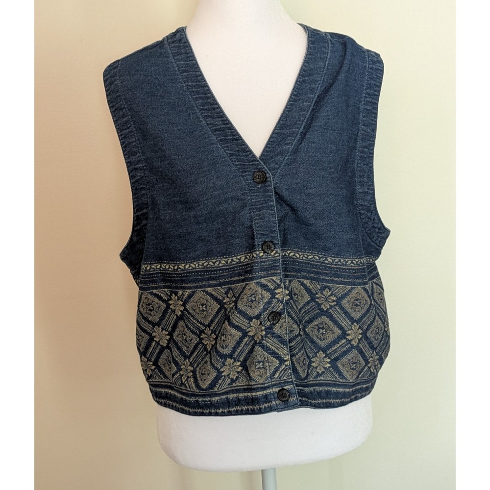 Vtg Karen Scott Vest Sz L Denim Floral Boho Festival Cowgirl Y2K Western Cottage
